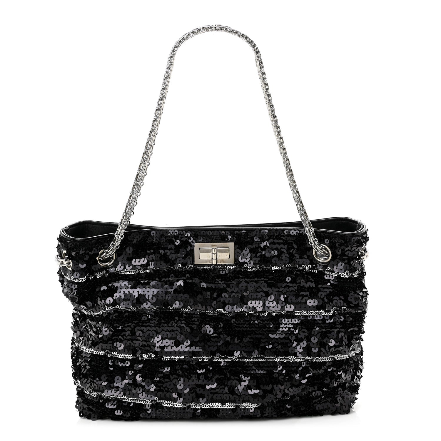 Chanel Sequin Striped Mademoiselle Tote Black Silver 1 of 9