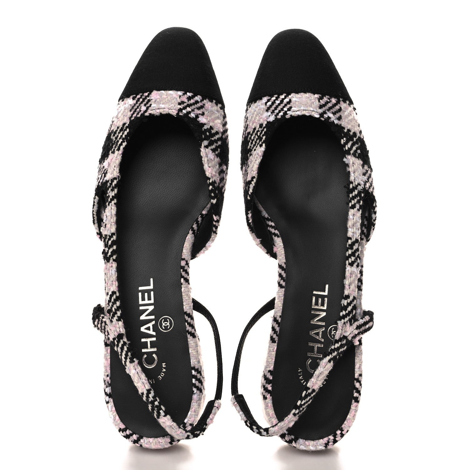 Chanel Tweed Cap Toe CC Slingback Flats 40 Black Pink White 2 of 10