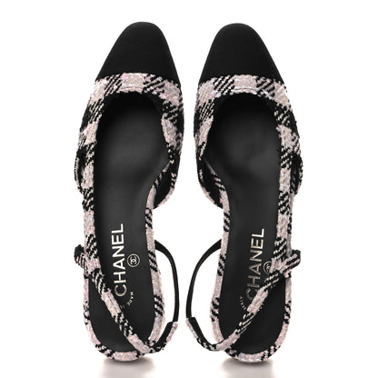 Chanel Tweed Cap Toe CC Slingback Flats 40 Black Pink White 2 of 10