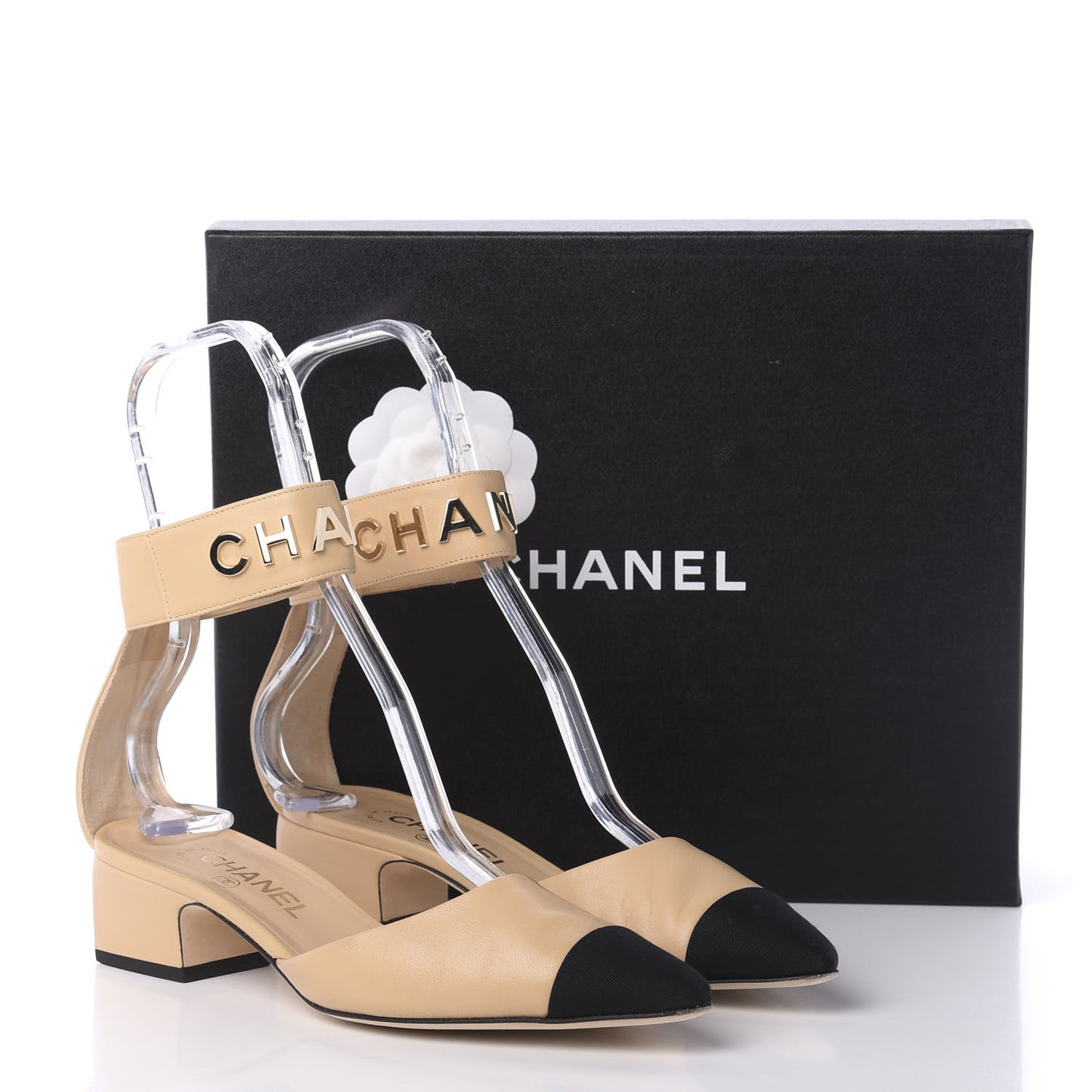 Lambskin Grosgrain Cap Toe Logo Ankle Strap Pumps 38 Beige Black