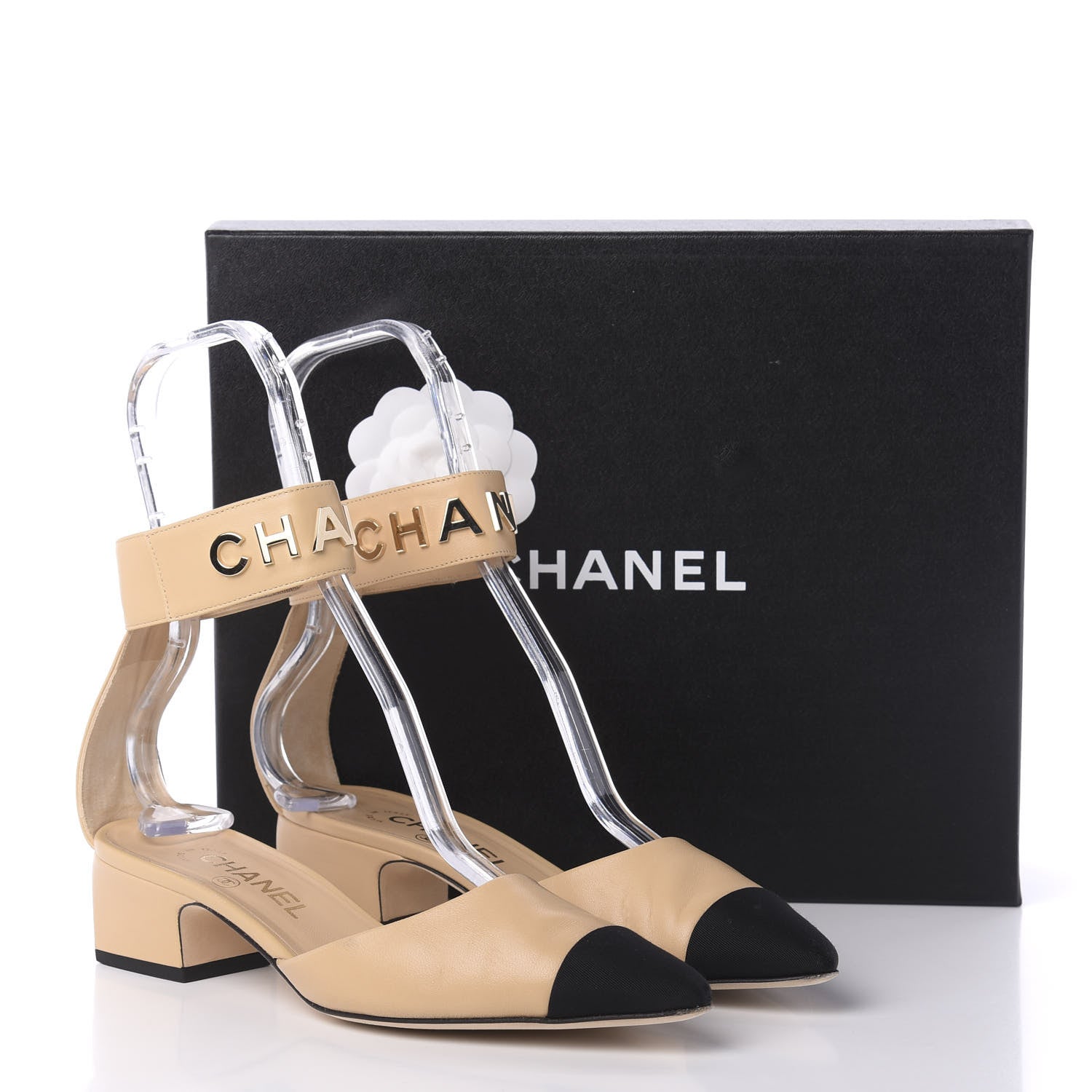 Chanel Lambskin Grosgrain Cap Toe Logo Ankle Strap Pumps 38 Beige Black 9 of 10