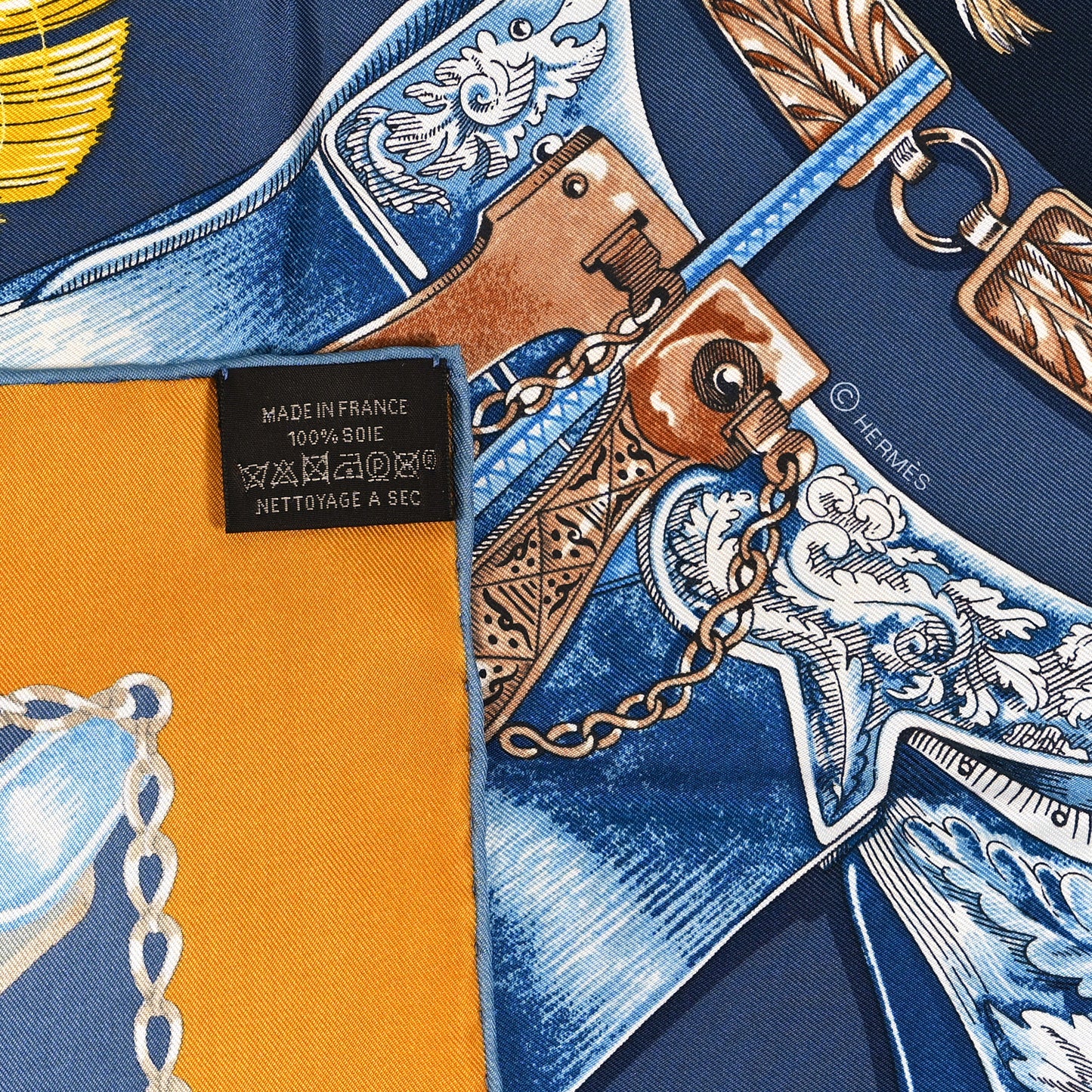 Silk Cavalcades Scarf 90 Ocre Bleu Ardoise Brun