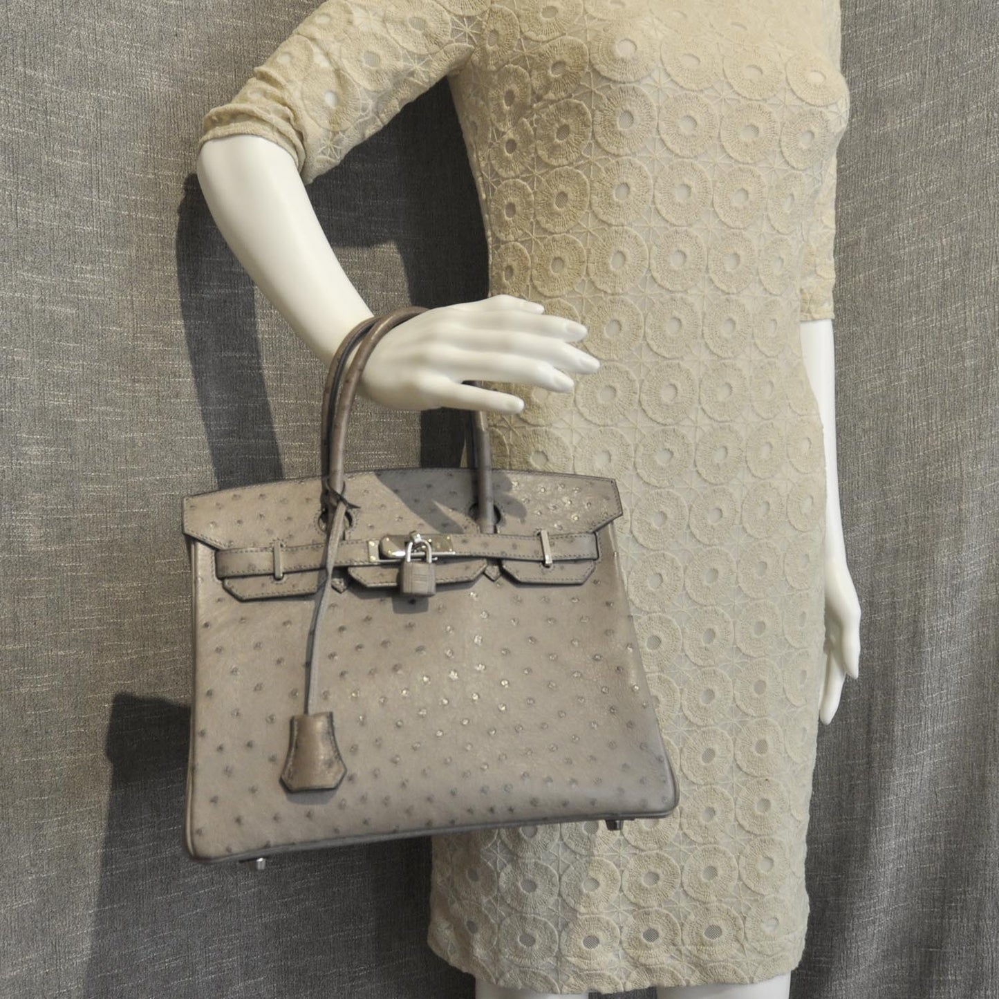 Ostrich Birkin 30 Gris Tourterelle