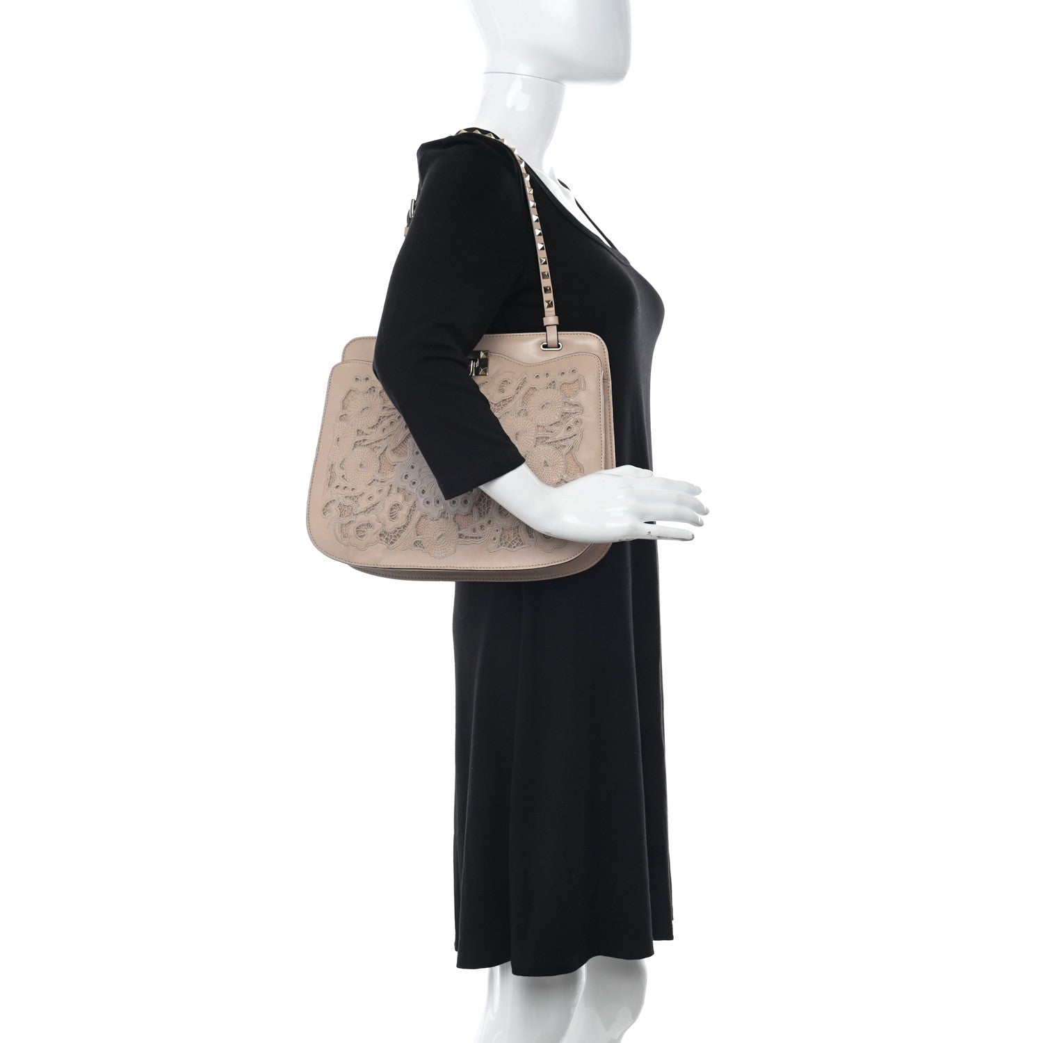 Valentino Garavani Vitello Rockstud Flip-Lock Lace Shoulder Bag Beige 2 of 9