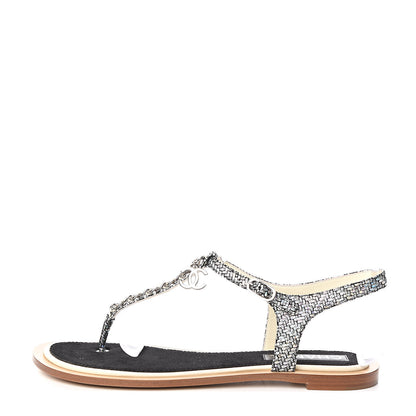 Chanel Goatskin Velvet Fantasy CC Chain Thong Sandals 41.5 Silver Ivory 1 of 9