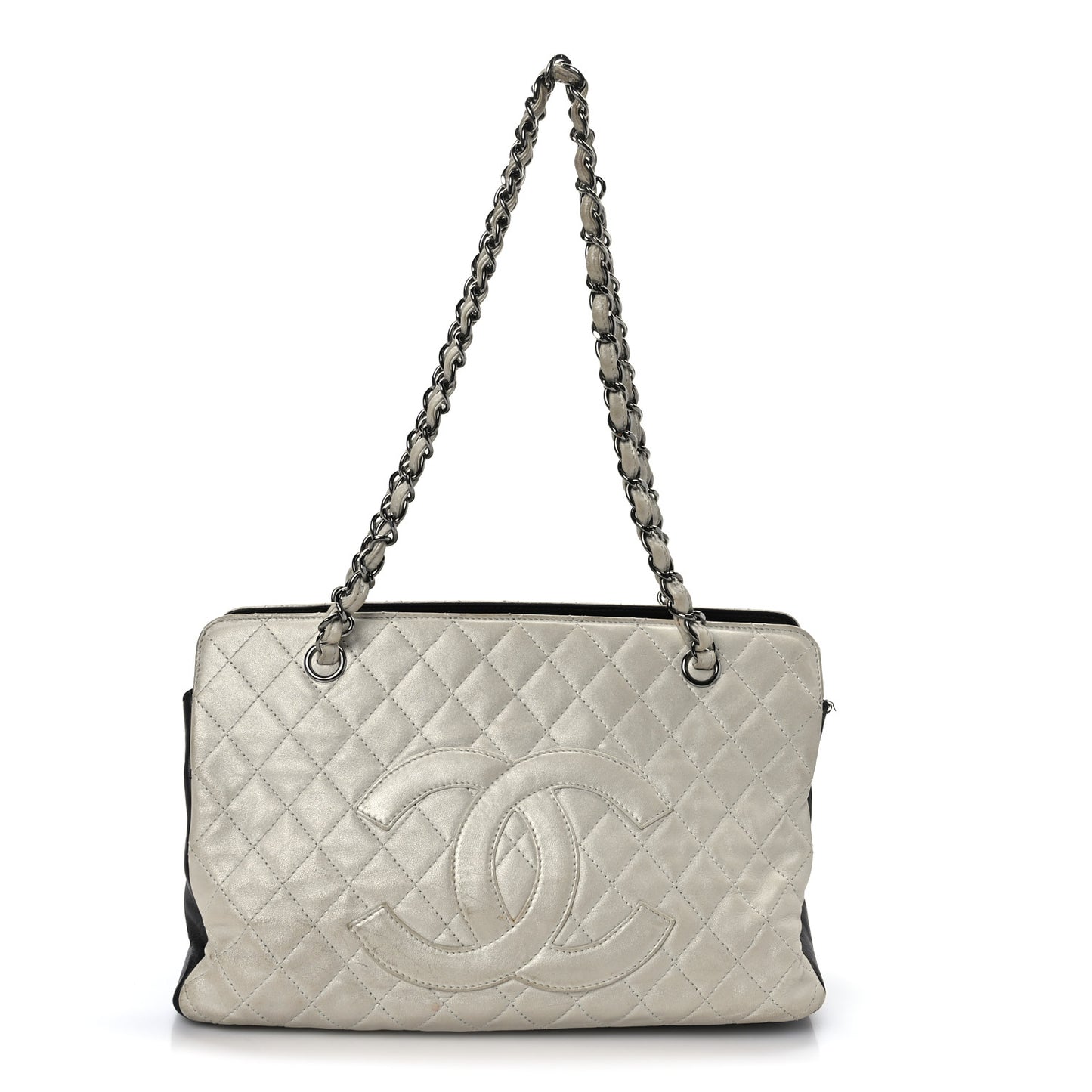 Metallic Lambskin Quilted Timeless CC Tote White Black