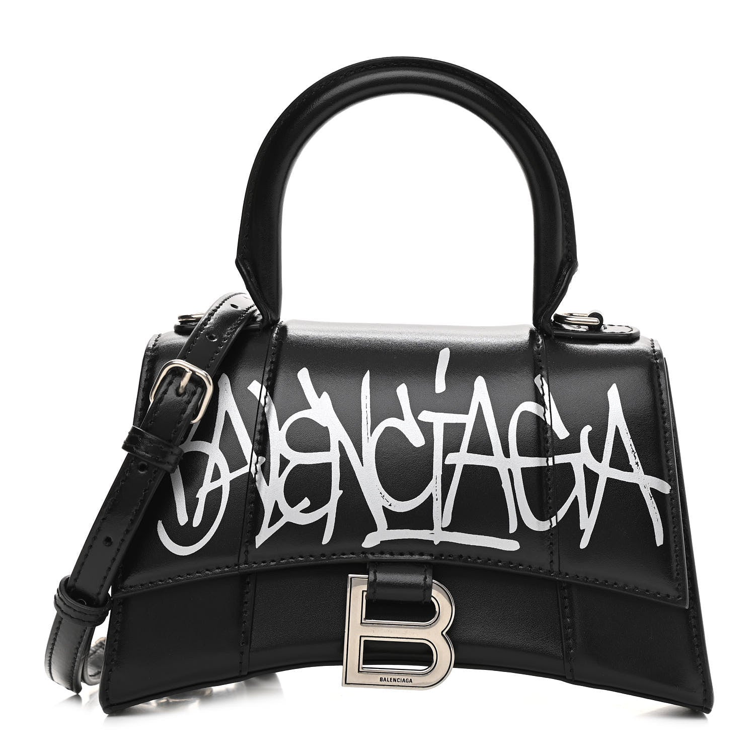 Balenciaga Box Calfskin Graffiti Logo Hourglass Top Handle Bag XS Black Silver 1 of 12