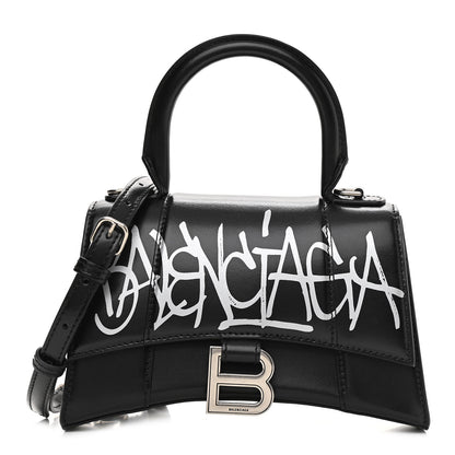 Balenciaga Box Calfskin Graffiti Logo Hourglass Top Handle Bag XS Black Silver 1 of 12