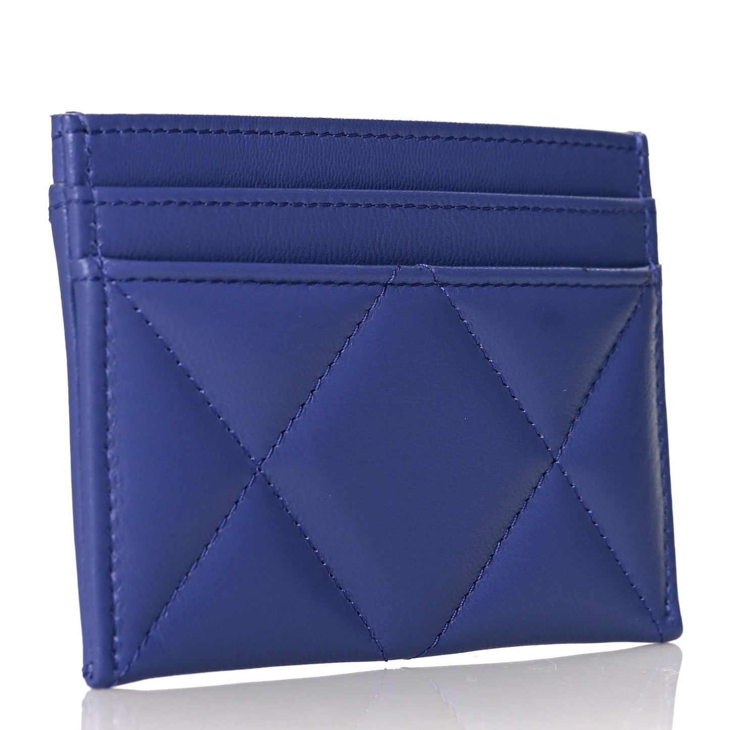 Shiny Goatskin Quilted Chanel 19 Card Holder Blue