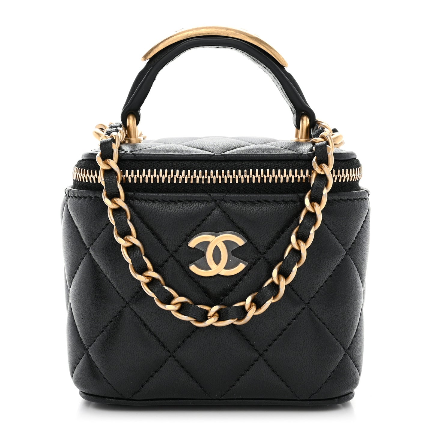 Lambskin Quilted Metal Mini Top Handle Vanity Case With Chain Black