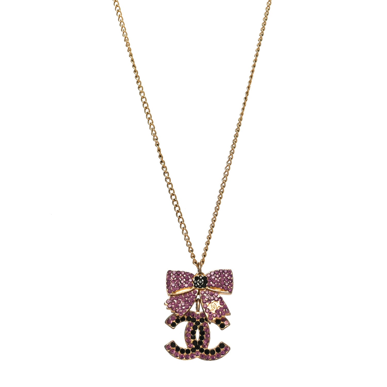 Chanel Crystal CC Bow Necklace Gold Purple 1 of 4