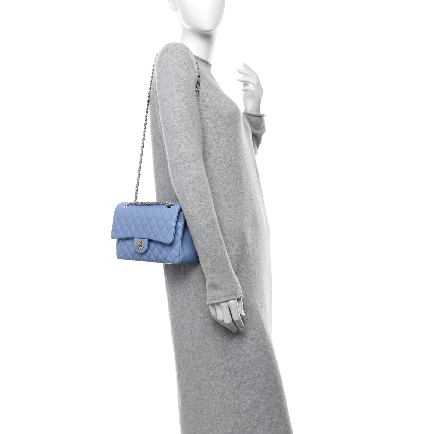 Lambskin Quilted Medium Double Flap Light Blue