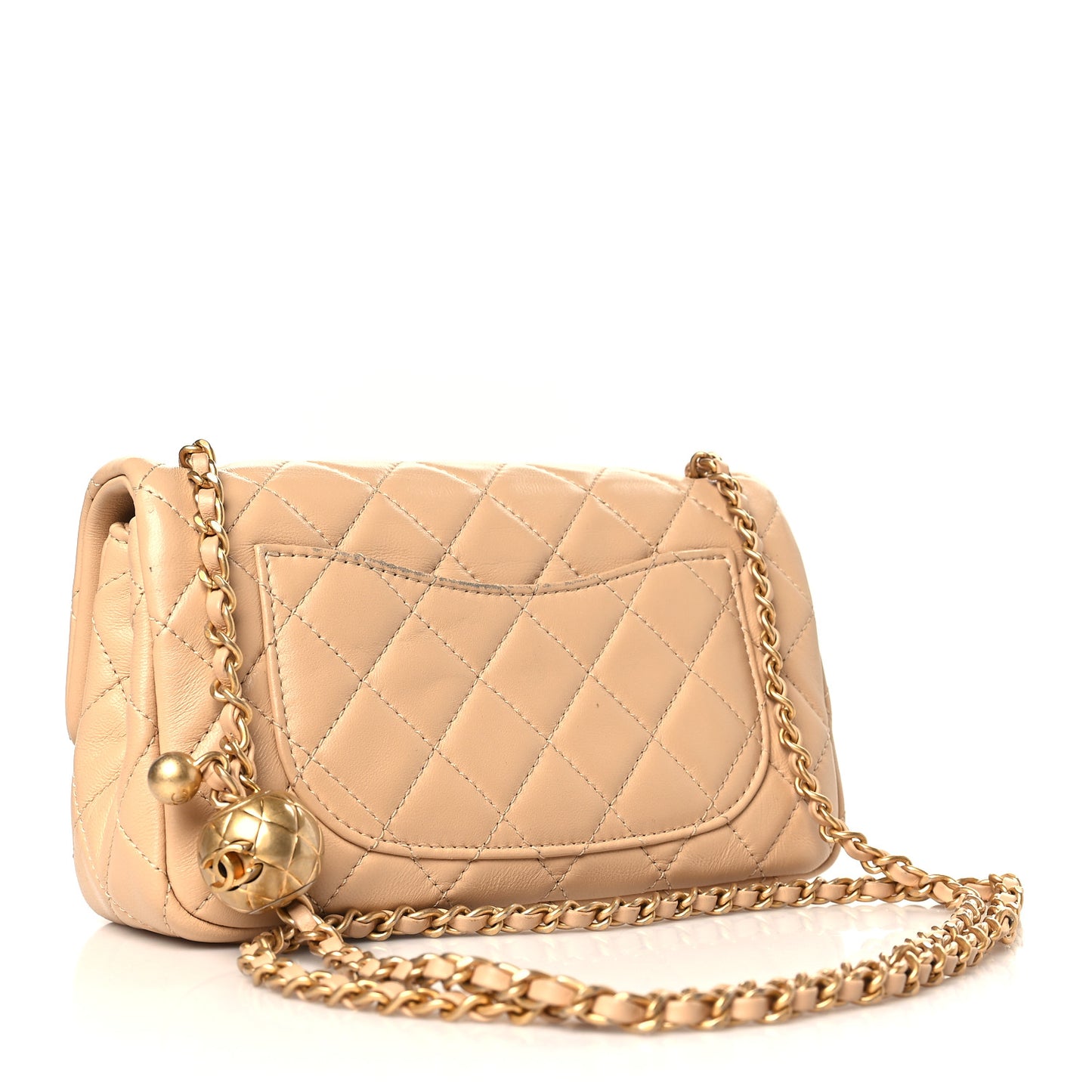 Lambskin Quilted Mini Rectangular Pearl Crush Flap Beige