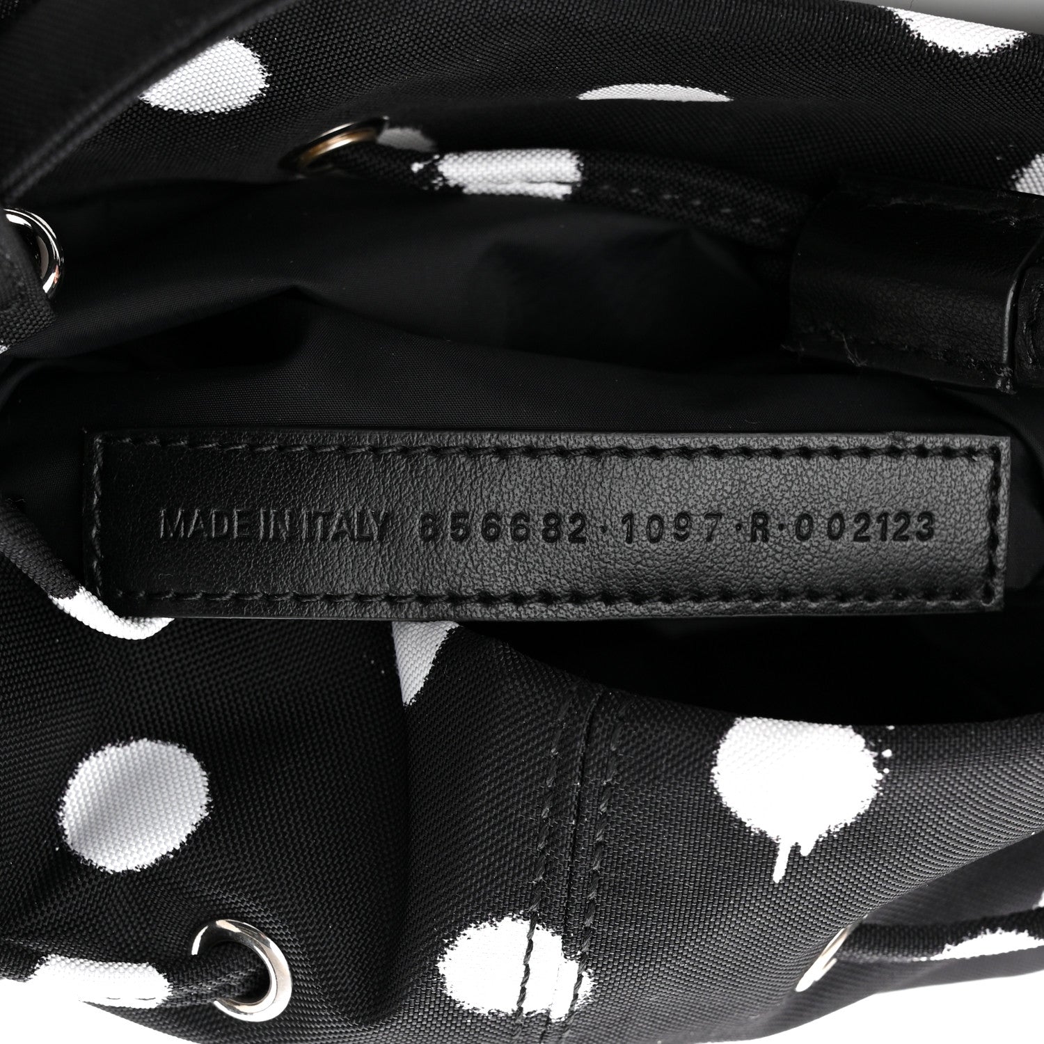 Balenciaga Recycled Sport Nylon Polka Dot Logo Embroidered Wheel Drawstring Bucket Bag Black White 7 of 10