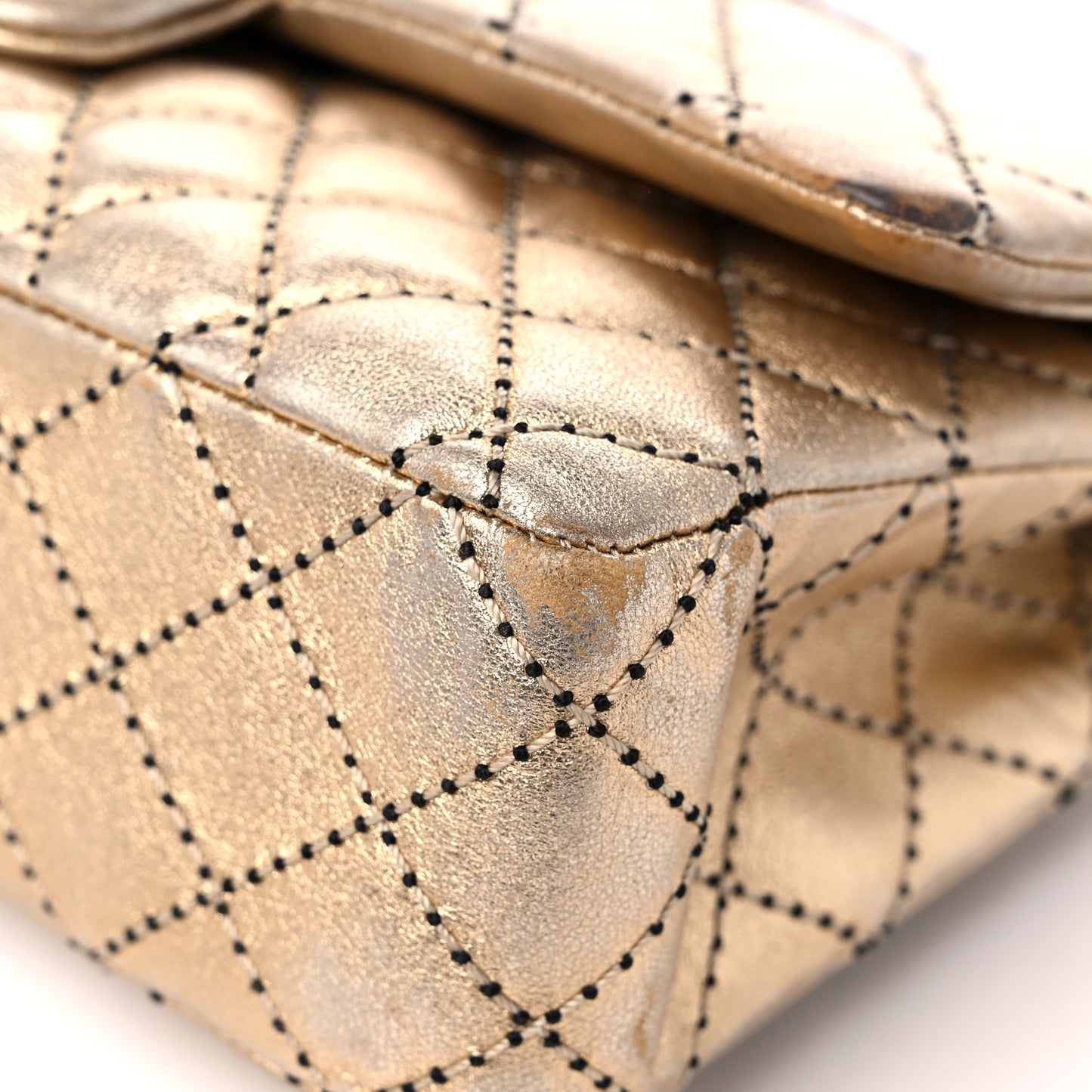 Metallic Washed Lambskin Quilted Medium Double Flap Dark Gold Black