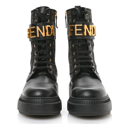 Fendi Vitello Fabric Jacquard FF Fendigraphy 50mm Biker Boots 39.5 Black Tobacco 3 of 9