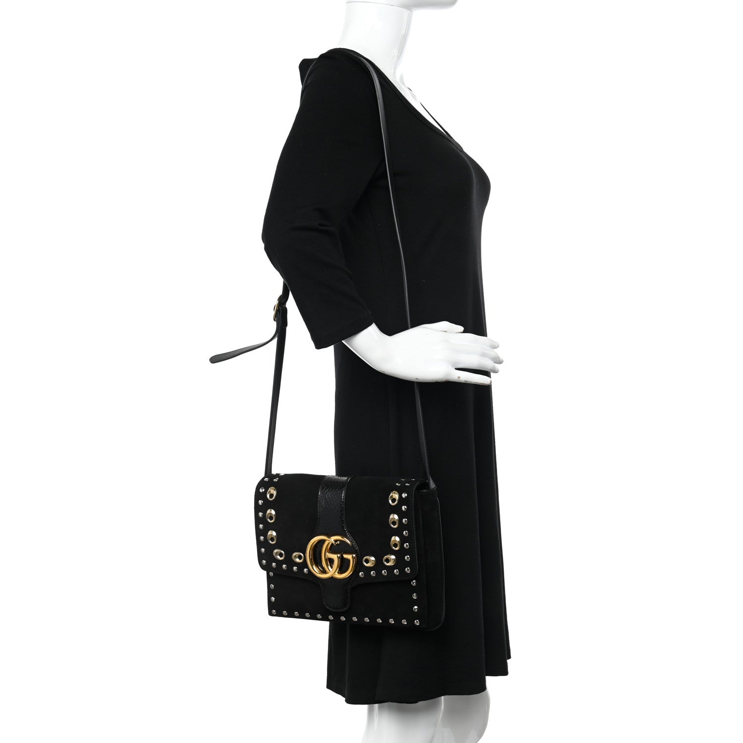 Gucci Suede Snakeskin Studded Medium Arli Flap Shoulder Bag Black 2 of 10