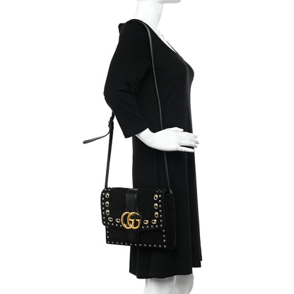 Gucci Suede Snakeskin Studded Medium Arli Flap Shoulder Bag Black 2 of 10
