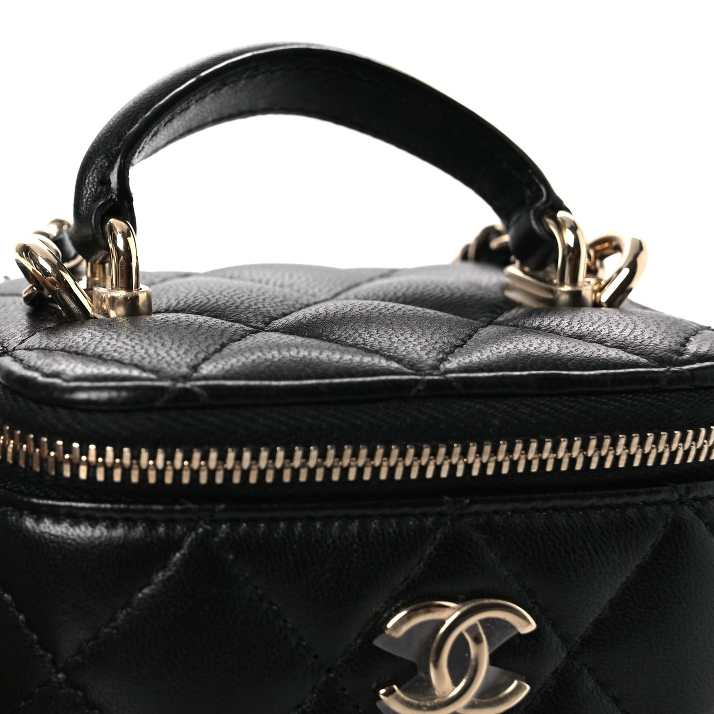 Lambskin Quilted Top Handle Mini Vanity Case With Chain Black