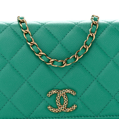 Chanel Caviar Quilted Perforated Metal CC Wallet on Chain WOC Green 9 of 14