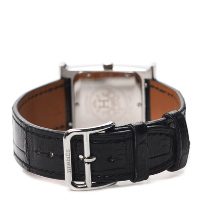 Hermes Stainless Steel Alligator Diamond Mother of Pearl 26mm Heure H Hour Quartz Watch Noir 3 of 5