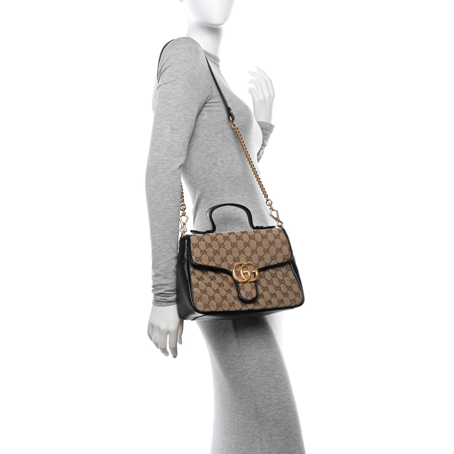 Monogram Azalea Calfskin Matelasse Diagonal Small GG Marmont Top Handle Shoulder Bag Beige Ebony Black