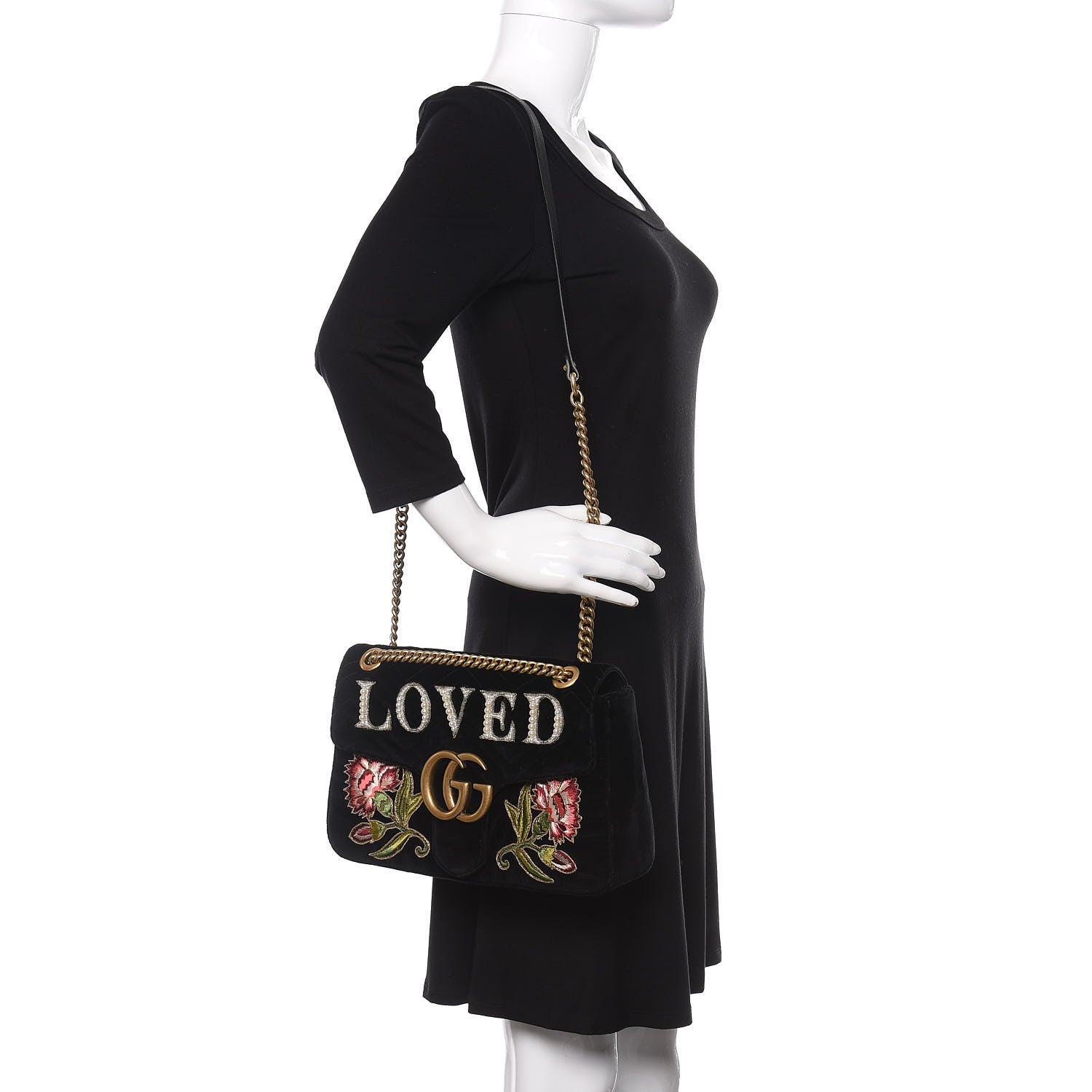 Gucci Velvet Matelasse Loved Embroidered Medium GG Marmont Shoulder Bag Black 2 of 10