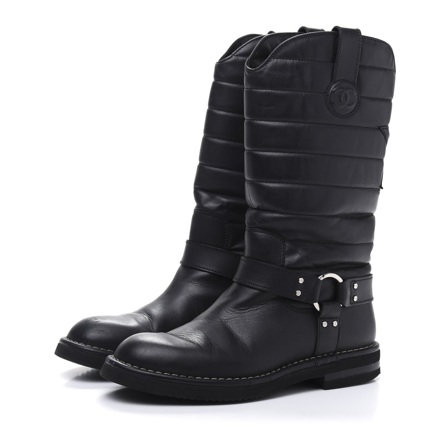 Chanel Calfskin Star Quilted Biker Boots 38 Black 3 of 9