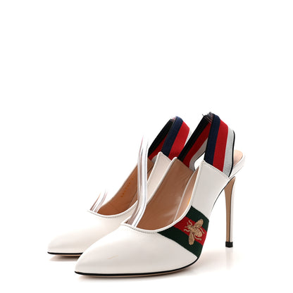 Gucci Malaga Kid Web Sylvie High Heel Slingback Pumps 37 White 4 of 9