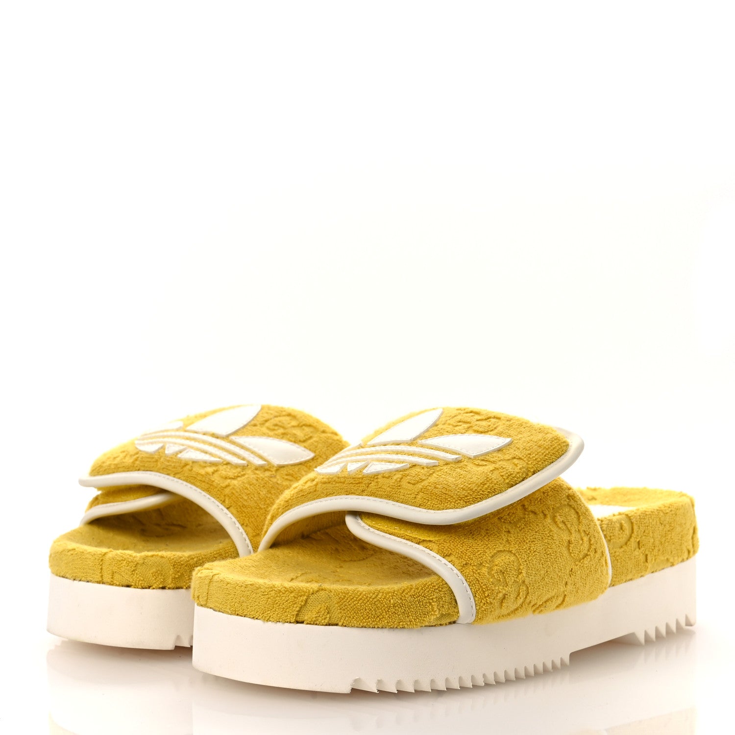 Gucci X ADIDAS Terry Cloth Trefoil GG Monogram Womens Platform Sandals 37 Smile Yellow Off White 4 of 10