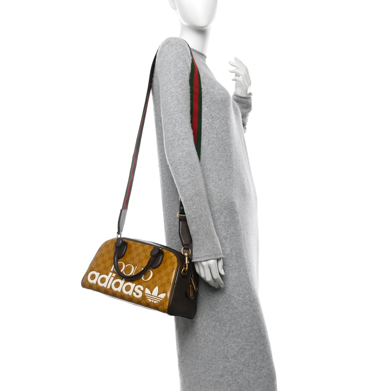 Gucci X ADIDAS Crystal Vintage Monogram Textured Dollar Calfskin Web Trefoil Logo Mini Bowling Bag Mid Natural Nut Off White New Acero 2 of 10