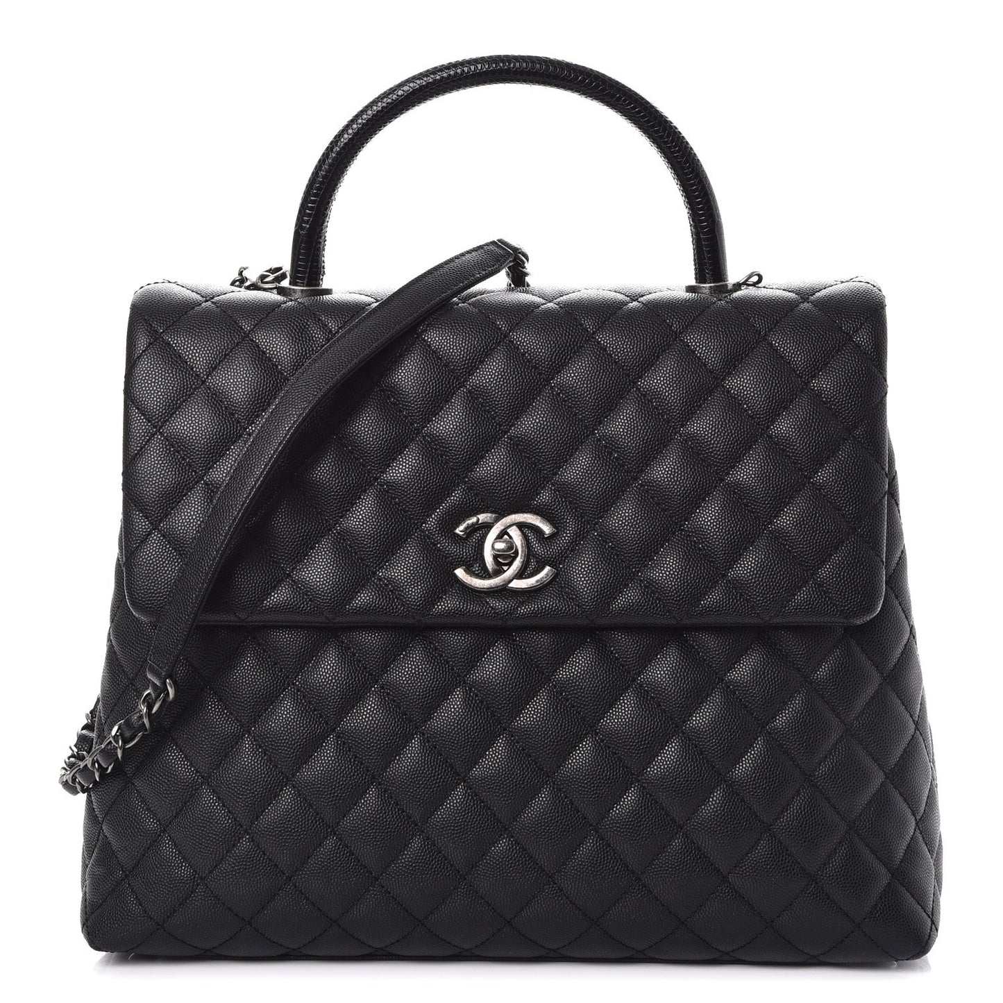 Caviar Lizard Quilted Large Coco Handle Flap Black