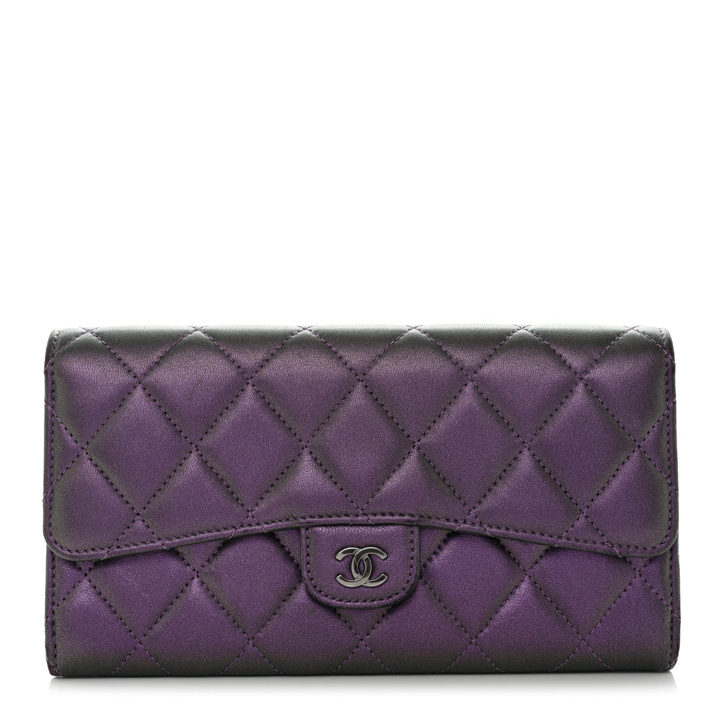 Iridescent Lambskin Quilted Large Gusset Flap Wallet Purple