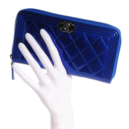 Chanel Metallic Patent Quilted Boy L-Gusset Zip Wallet Blue 2 of 9