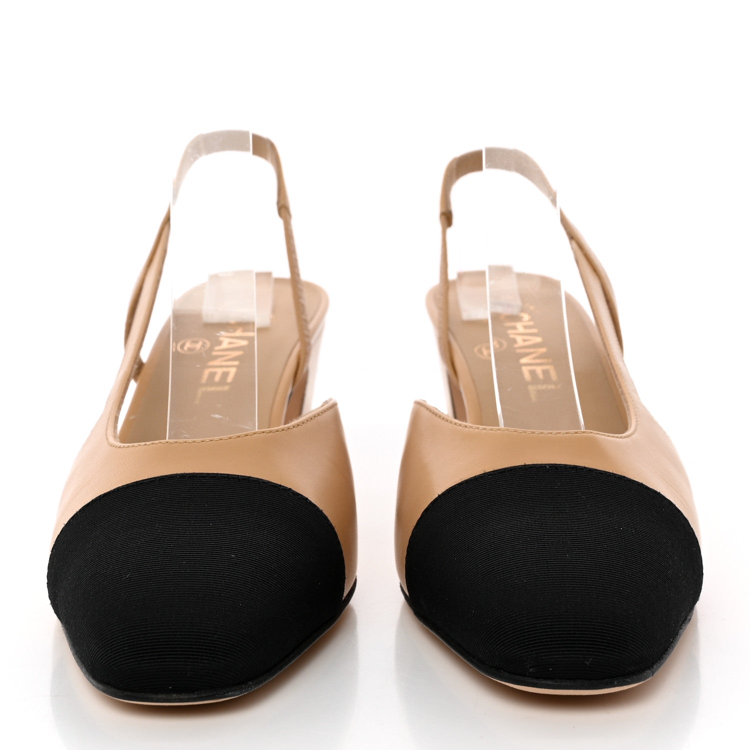 Chanel Goatskin Grosgrain Cap Toe CC Slingback Pumps 37 Beige Black 2 of 11