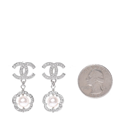 Chanel Crystal Pearl Camellia CC Coco Flapper Drop Earrings Silver 2 of 5