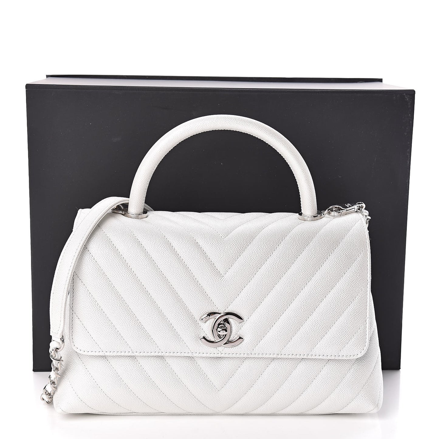 Iridescent Caviar Chevron Quilted Small Coco Handle Flap White