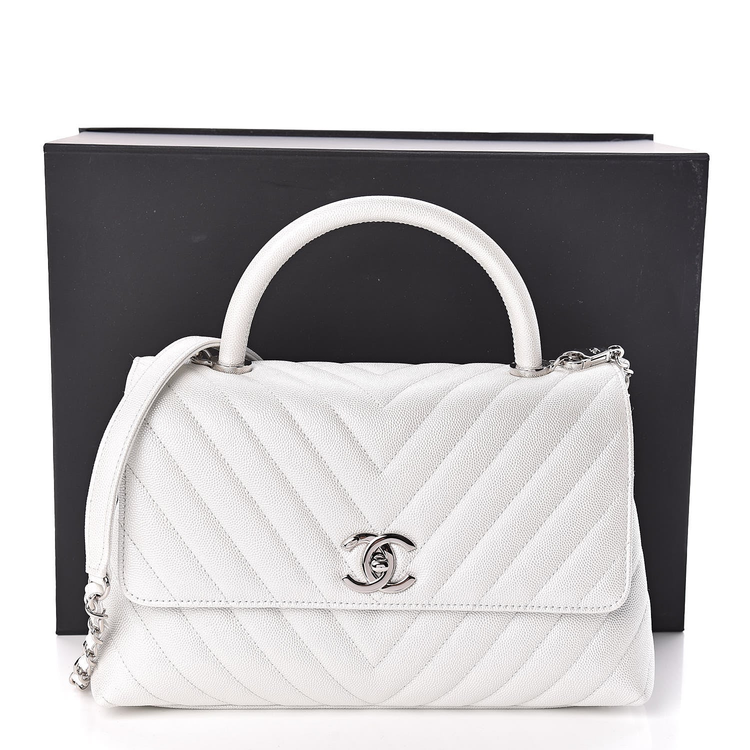 Chanel Iridescent Caviar Chevron Quilted Small Coco Handle Flap White 10 of 10