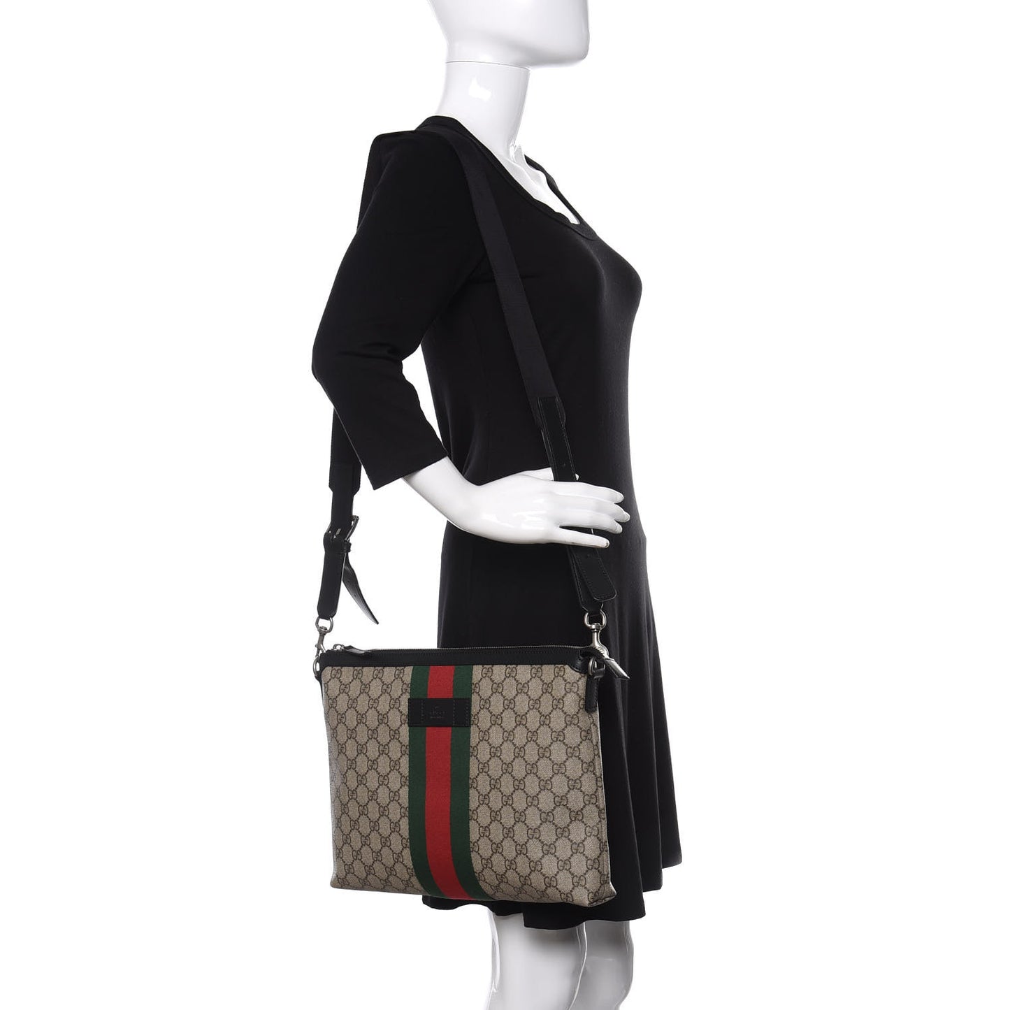 GG Supreme Monogram Calfskin Web Medium Flat Messenger Bag Beige Ebony Black