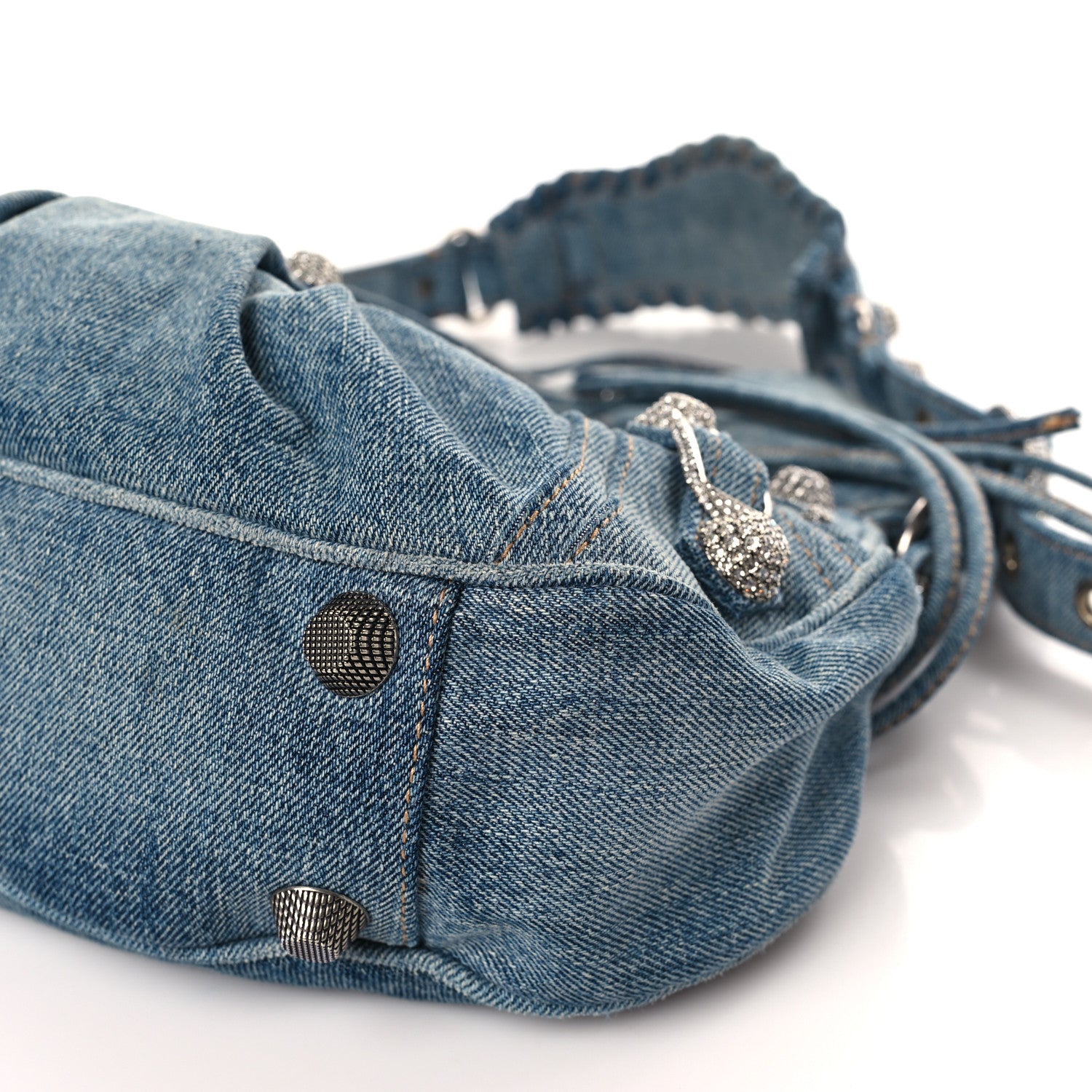 Balenciaga Washed Frayed Denim Crystal Small Le Cagole Shoulder Bag Blue 8 of 11