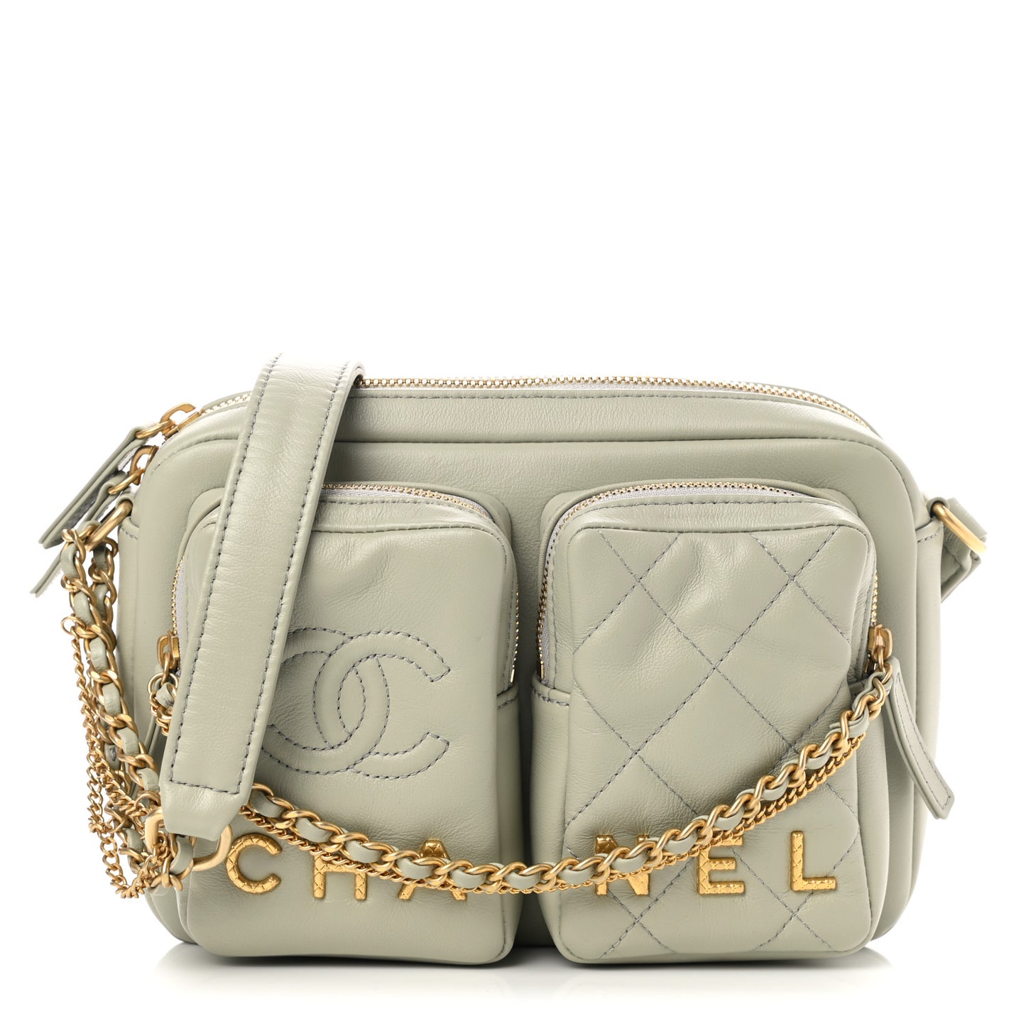 Calfskin Quilted Small Camera Case Grey