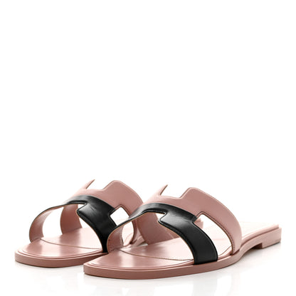 Hermes Box Calfskin Oran Sandals 39 Black Vieux Rose 3 of 8