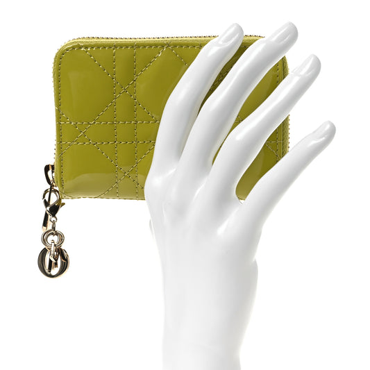 Patent Cannage Small Lady Dior Voyageur Coin Purse Lime