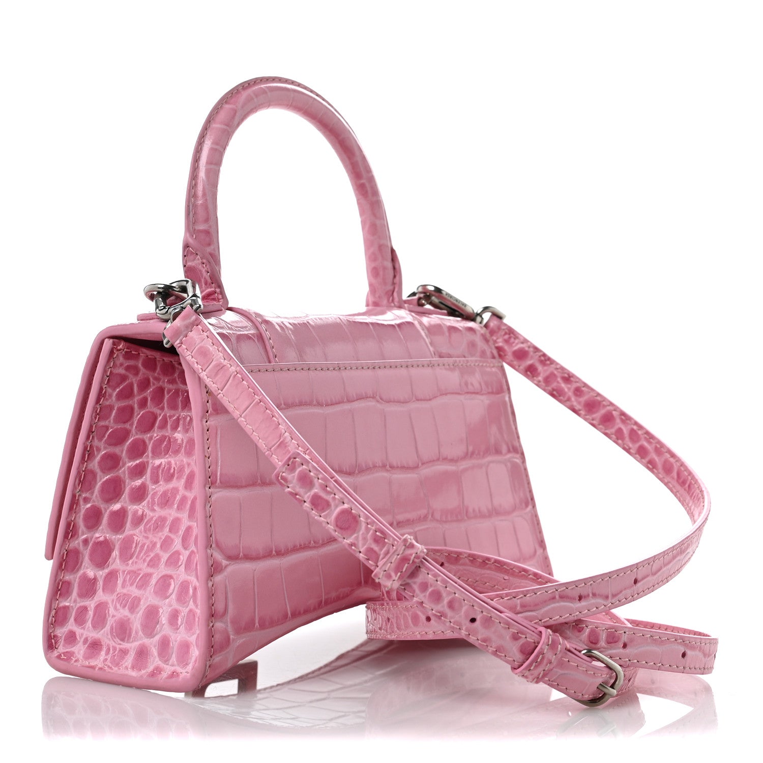 Balenciaga Shiny Calfskin Crocodile Embossed Hourglass Top Handle Bag XS Pink 3 of 8