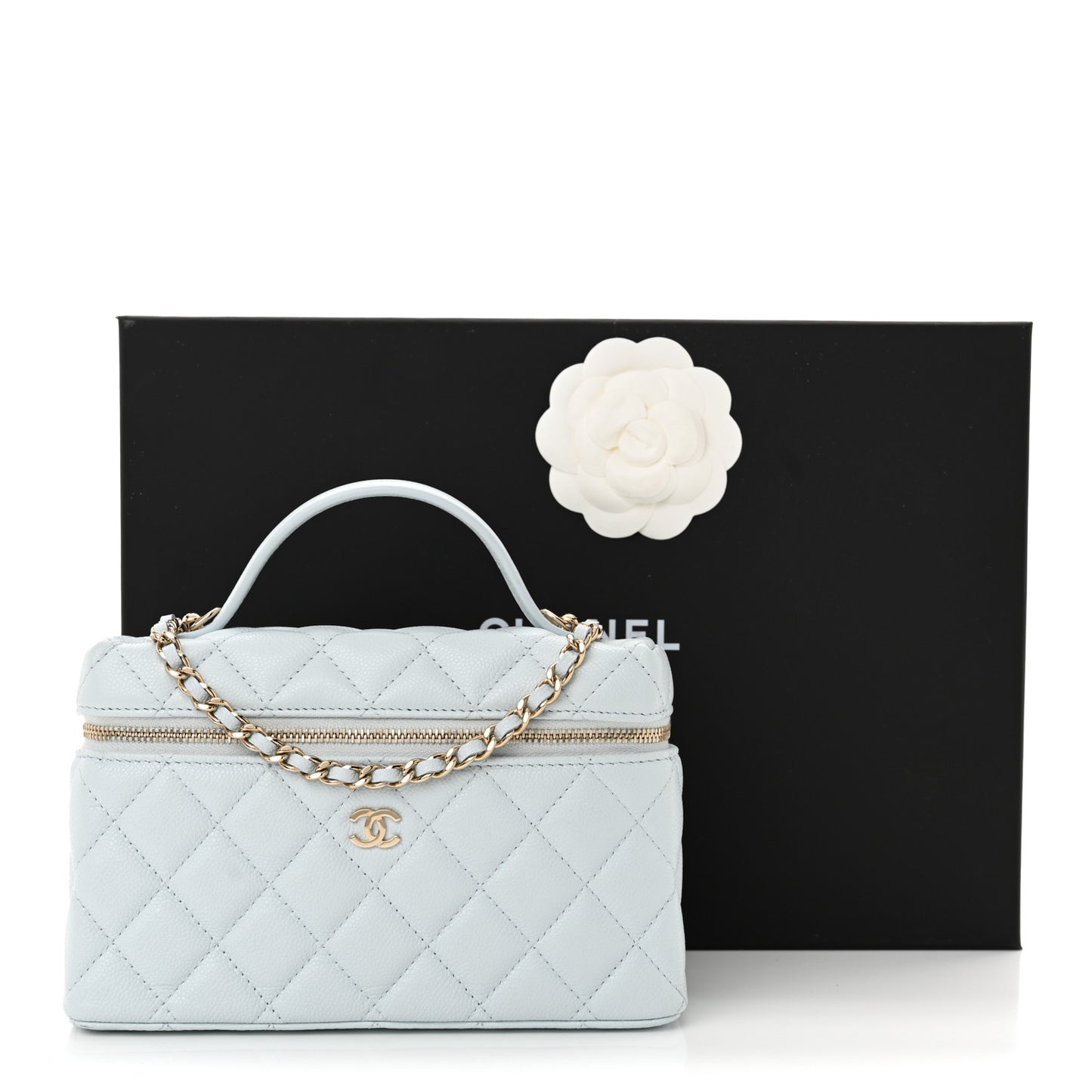 Caviar Quilted Top Handle Slim Vanity With Chain Light Blue