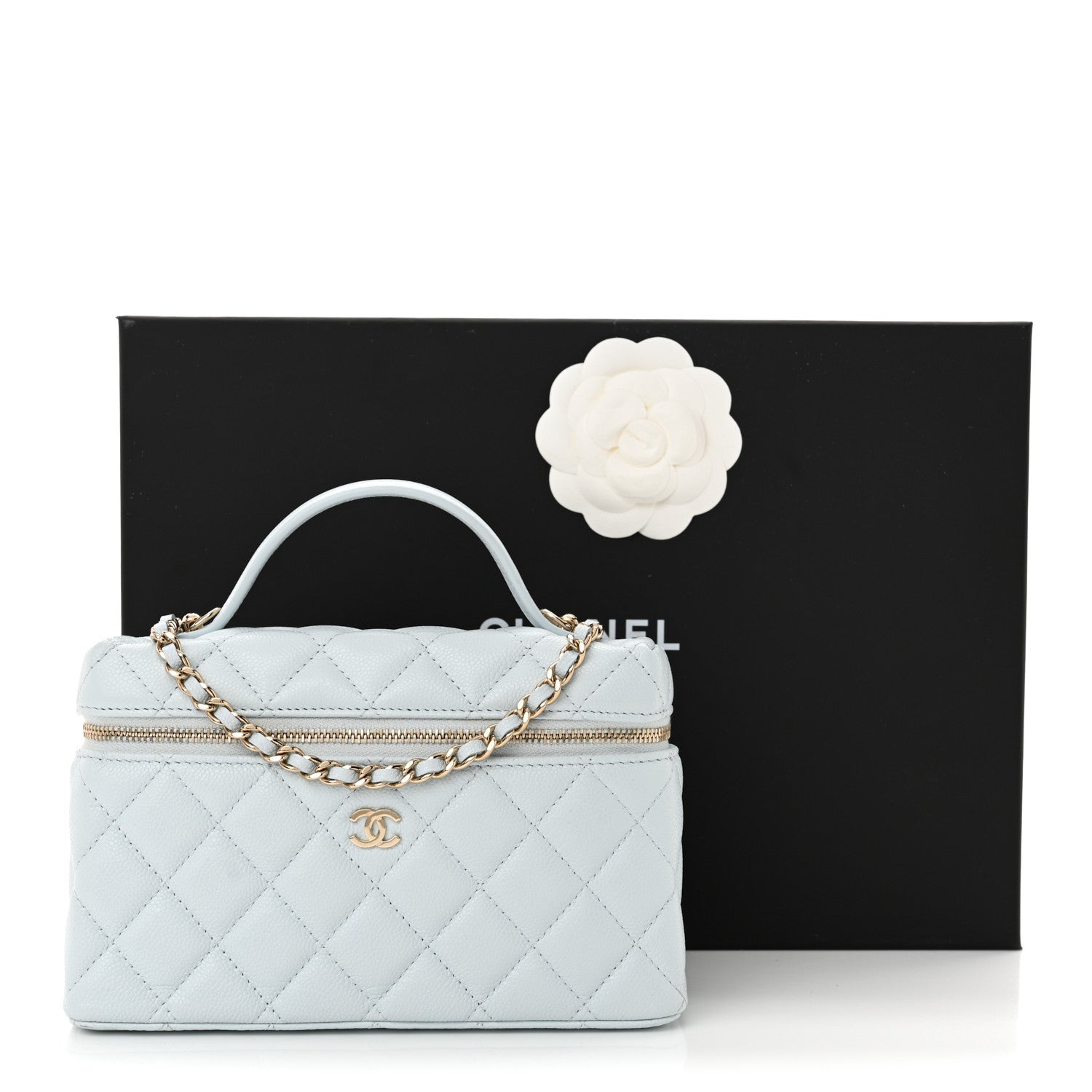 Chanel Caviar Quilted Top Handle Slim Vanity With Chain Light Blue 11 of 11