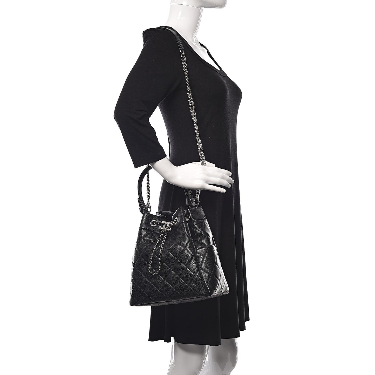 Grained Calfskin Quilted Medium CC Chain Bucket Drawstring Bag Black