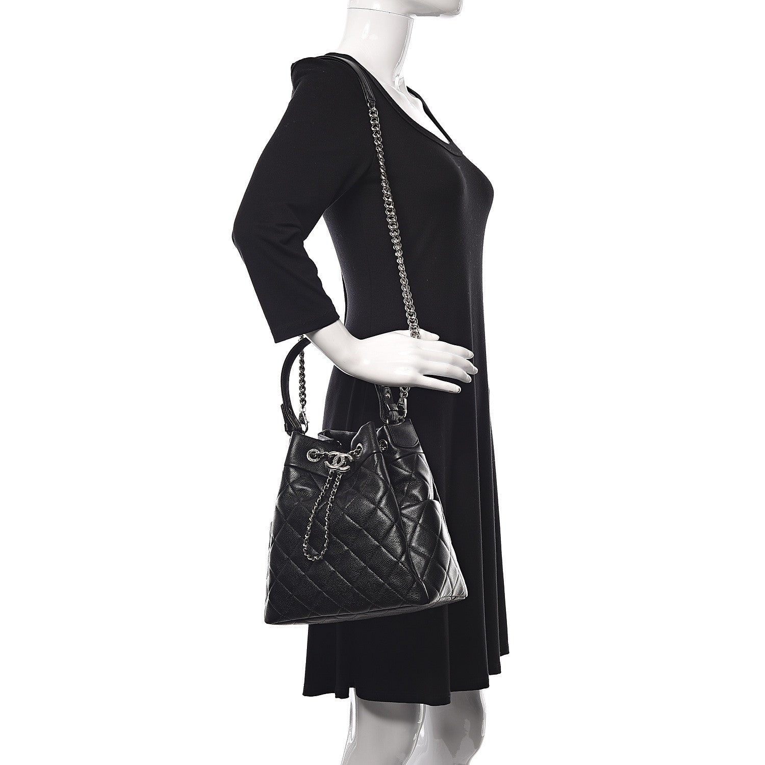 Chanel Grained Calfskin Quilted Medium CC Chain Bucket Drawstring Bag Black 2 of 11