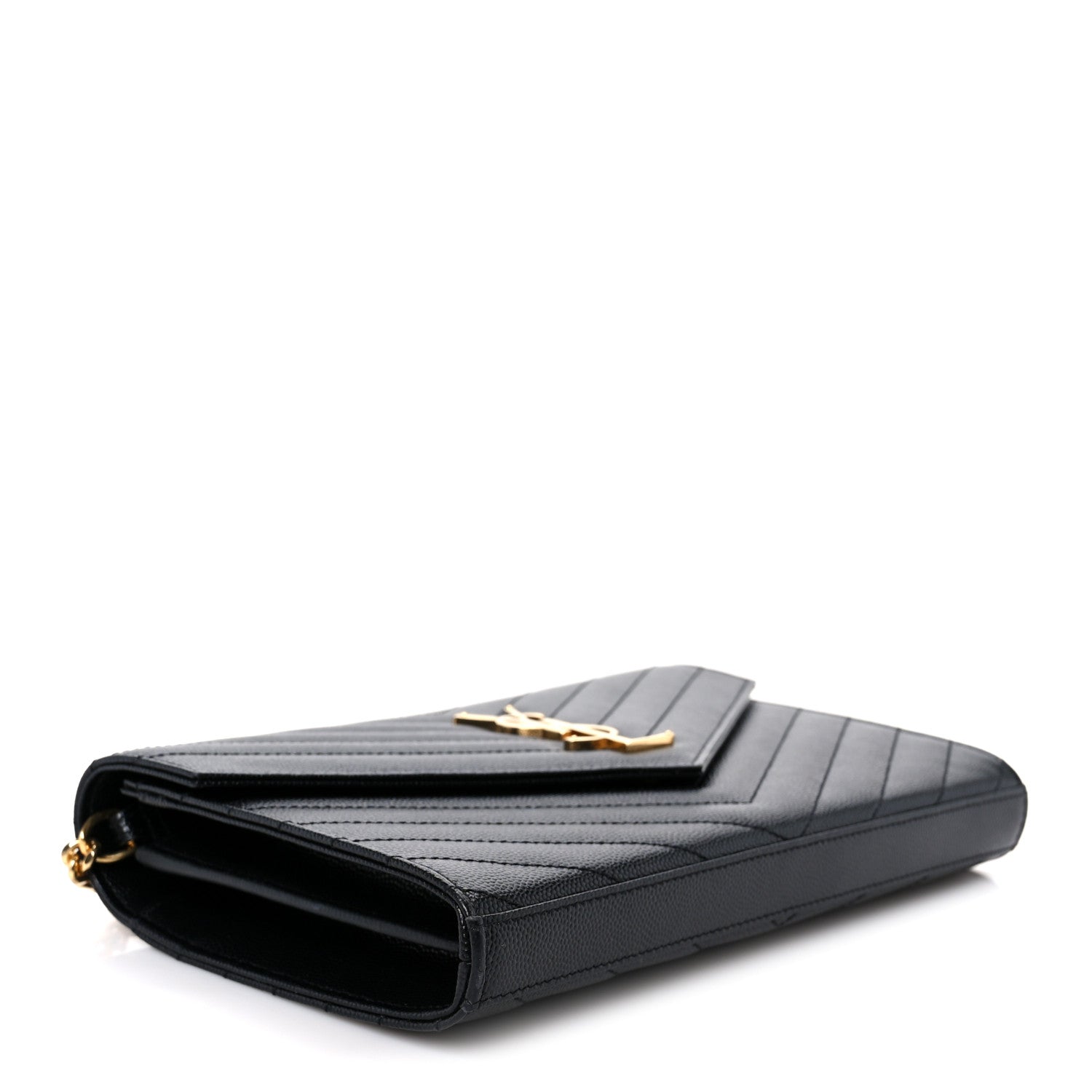 Saint Laurent Grain De Poudre Matelasse Chevron Monogram Chain Wallet Black 4 of 9