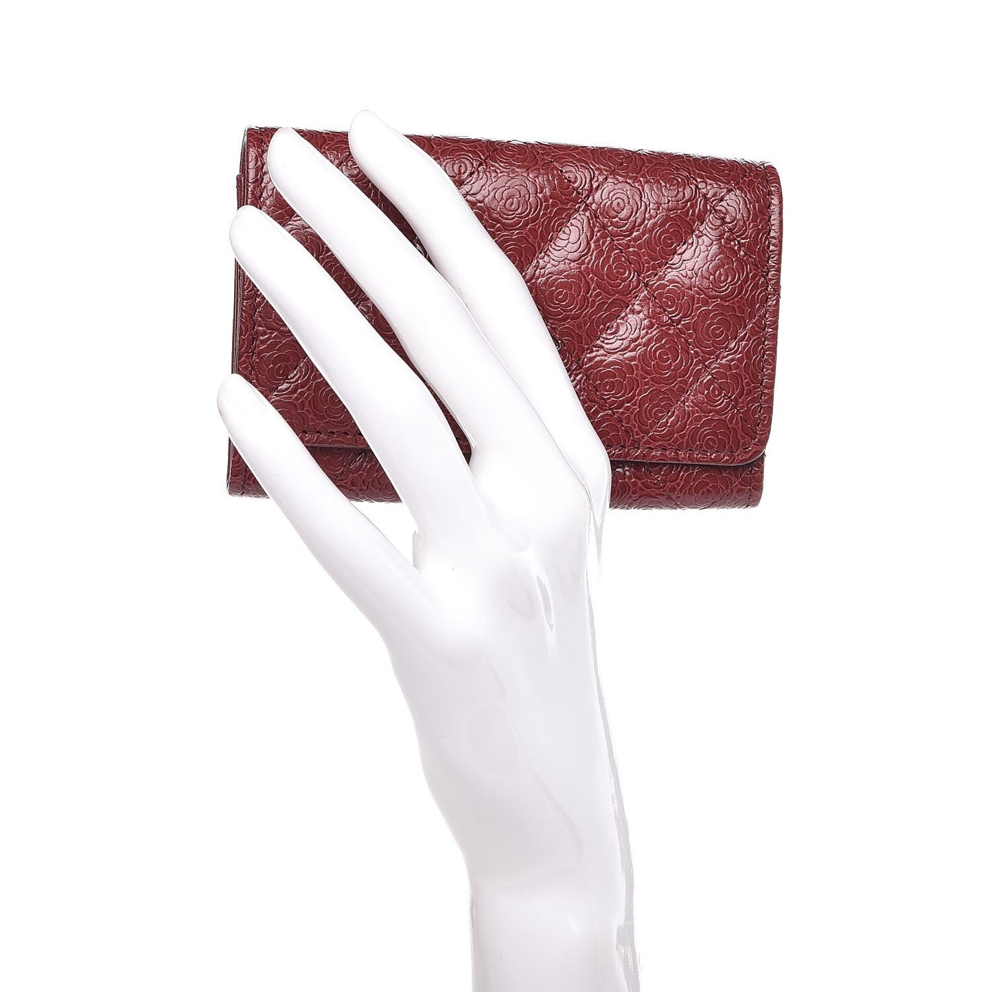 Calfskin Camellia Embossed Quilted Card Holder Burgundy